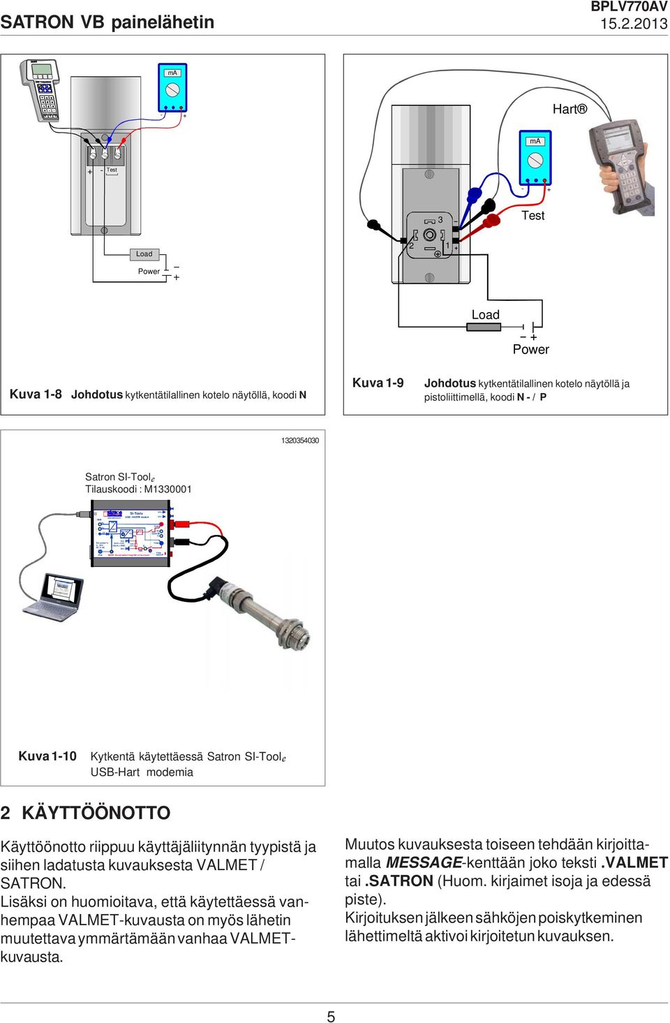 kytkentätilallinen kotelo näytöllä ja pistoliittimellä, koodi N - / P 320354030 Satron SI-Toole Tilauskoodi : M33000 Si-Toole R USB / HART mode m I Kuva -0 Kytkentä käytettäessä Satron SI-Toole