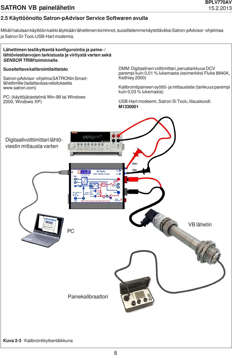 USB-Hart modemia. Lähettimen testikytkentä konfigurointia ja paine- / lähtöviestiarvojen tarkistusta ja viritystä varten sekä SENSOR TRIM toiminnalle.