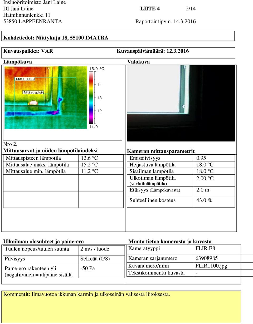 2 C Kameran mittausparametrit Emissiivisyys 0.95 Heijastuva lämpötila 18.0 C Sisäilman lämpötila 18.0 C Ulkoilman lämpötila 2.00 C (vertailulämpötila) Etäisyys (Lämpökuvasta) 2.