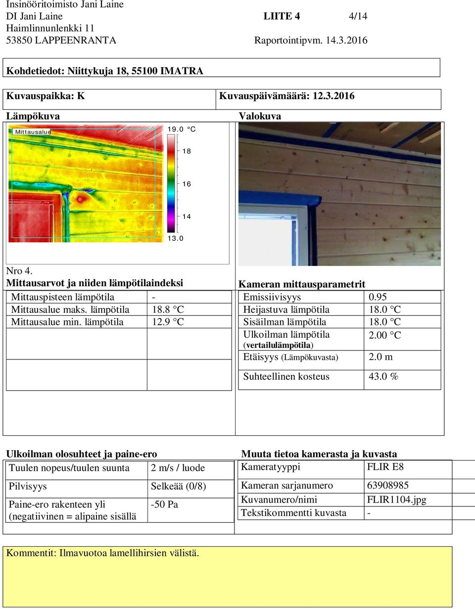 9 C Kameran mittausparametrit Emissiivisyys 0.95 Heijastuva lämpötila 18.0 C Sisäilman lämpötila 18.0 C Ulkoilman lämpötila 2.00 C (vertailulämpötila) Etäisyys (Lämpökuvasta) 2.