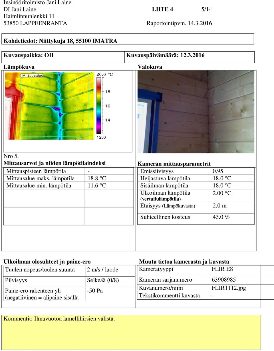 6 C Kameran mittausparametrit Emissiivisyys 0.95 Heijastuva lämpötila 18.0 C Sisäilman lämpötila 18.0 C Ulkoilman lämpötila 2.00 C (vertailulämpötila) Etäisyys (Lämpökuvasta) 2.