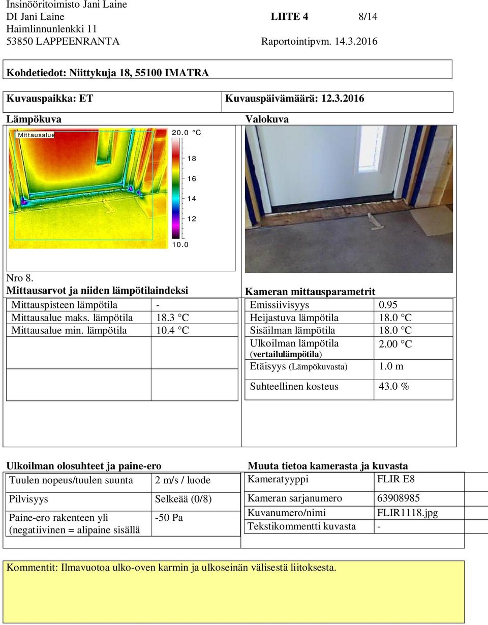 4 C Kameran mittausparametrit Emissiivisyys 0.95 Heijastuva lämpötila 18.0 C Sisäilman lämpötila 18.0 C Ulkoilman lämpötila 2.00 C (vertailulämpötila) Etäisyys (Lämpökuvasta) 1.