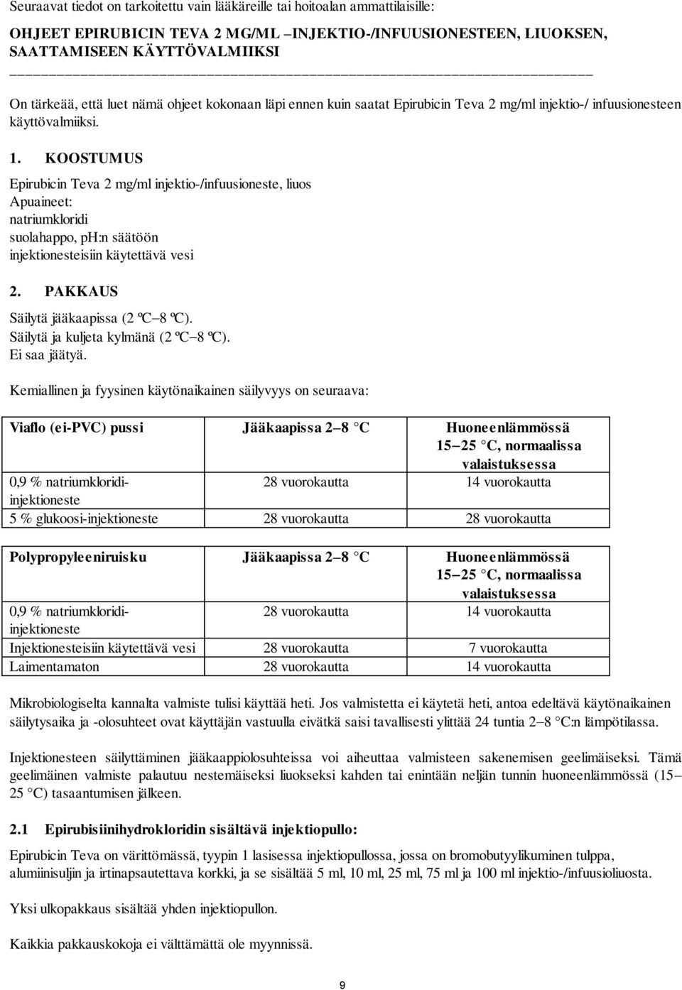 KOOSTUMUS Epirubicin Teva 2 mg/ml injektio-/infuusioneste, liuos Apuaineet: natriumkloridi suolahappo, ph:n säätöön injektionesteisiin käytettävä vesi 2. PAKKAUS Säilytä jääkaapissa (2 ºC 8 ºC).
