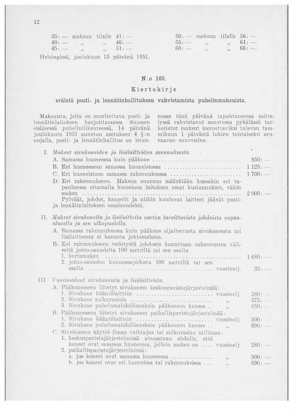 Maksuista, joita on suoritettava posti- ja lennätinlaitoksen harjoittamassa Suomen sisäisessä puhelinliikenteessä, 14 päivänä joulukuuta 1951 annetun asetuksen 4 :n nojalla, posti- ja