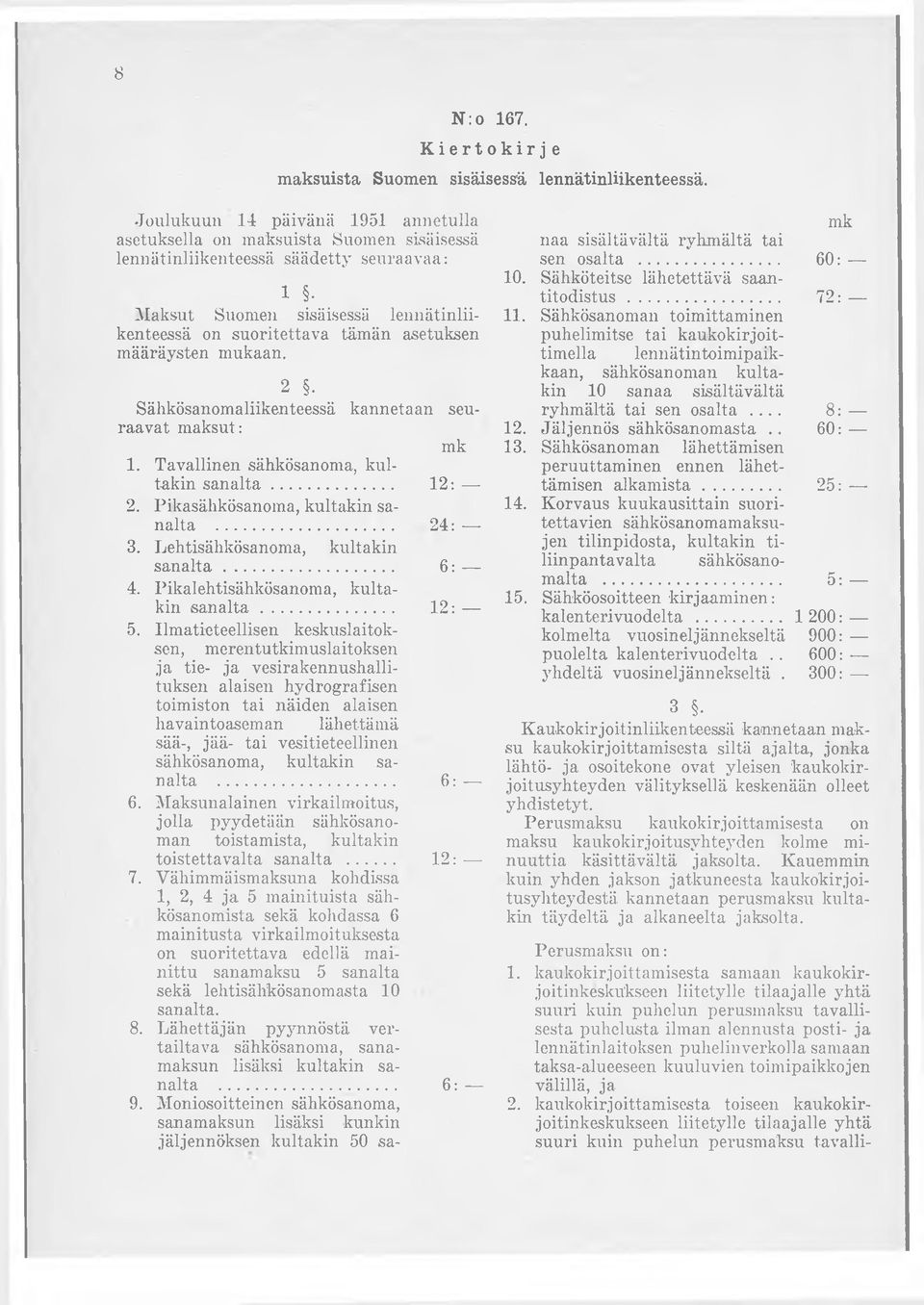 määräysten mukaan. 2 Sähkösanomaliikenteessä kannetaan seuraavat maksut: 1. Tavallinen sähkösanoma, kultakin sanalta... 12: 2. Pikasähkösanoma, kultakin sanalta... 24: 3.