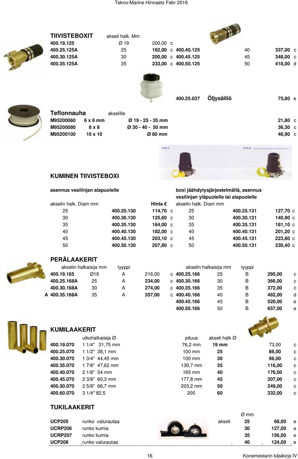 vesilinjan alapuolelle boxi jäähdytysjärjestelmällä, asennus vesilinjan yläpuolelle tai alapuolelle akselin halk. Diam mm Hinta akselin halk. Diam mm 25 400.25.130 114,70 c 25 400.25.131 127,70 c 30 400.