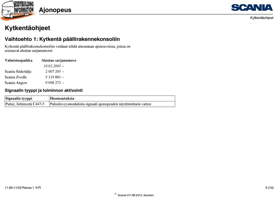 005 - Scania Södertälje 007 05 - Scania Zwolle 5 9 88 - Scania Angers 9 098 7 - Signaalin tyyppi ja toiminnon