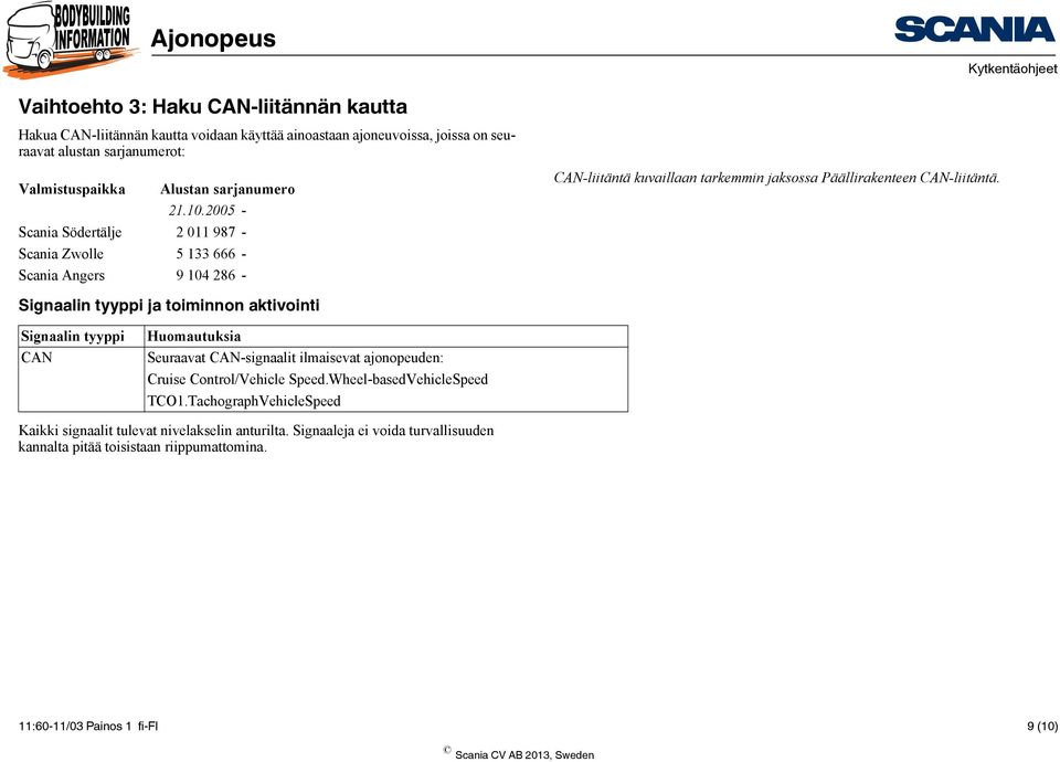 Signaalin tyyppi ja toiminnon aktivointi Signaalin tyyppi CAN Huomautuksia Seuraavat CAN-signaalit ilmaisevat ajonopeuden: Cruise Control/Vehicle Speed.