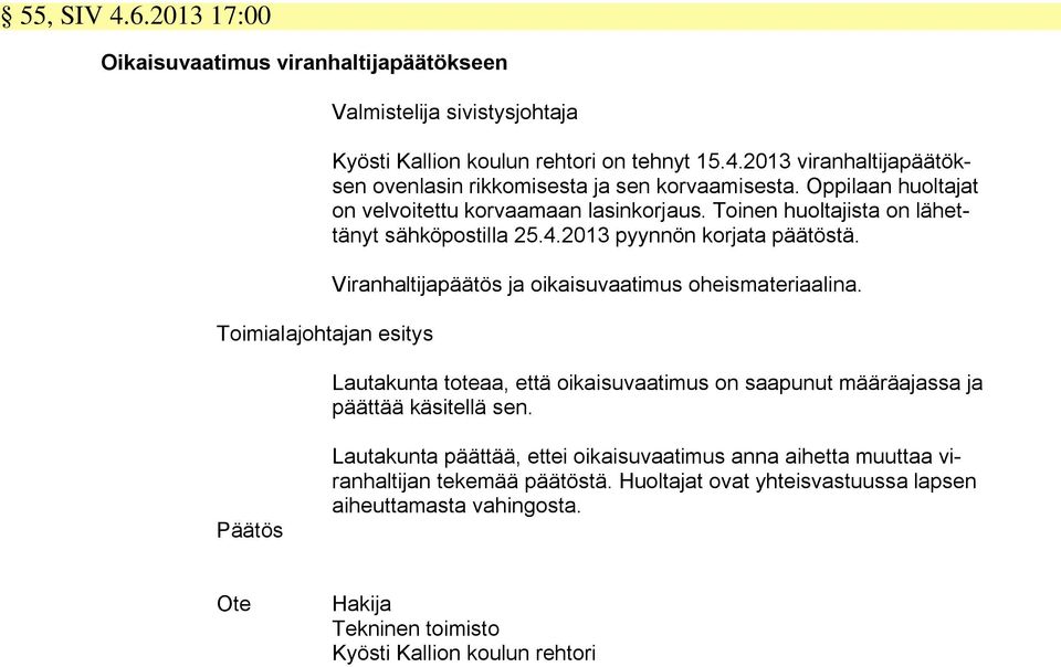 Viranhaltijapäätös ja oikaisuvaatimus oheismateriaalina. Lautakunta toteaa, että oikaisuvaatimus on saapunut määräajassa ja päättää käsitellä sen.