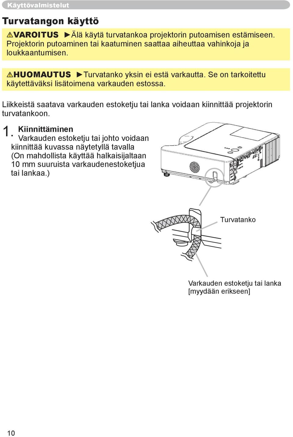 Se on tarkoitettu käytettäväksi lisätoimena varkauden estossa. Liikkeistä saatava varkauden estoketju tai lanka voidaan kiinnittää projektorin turvatankoon. 1.