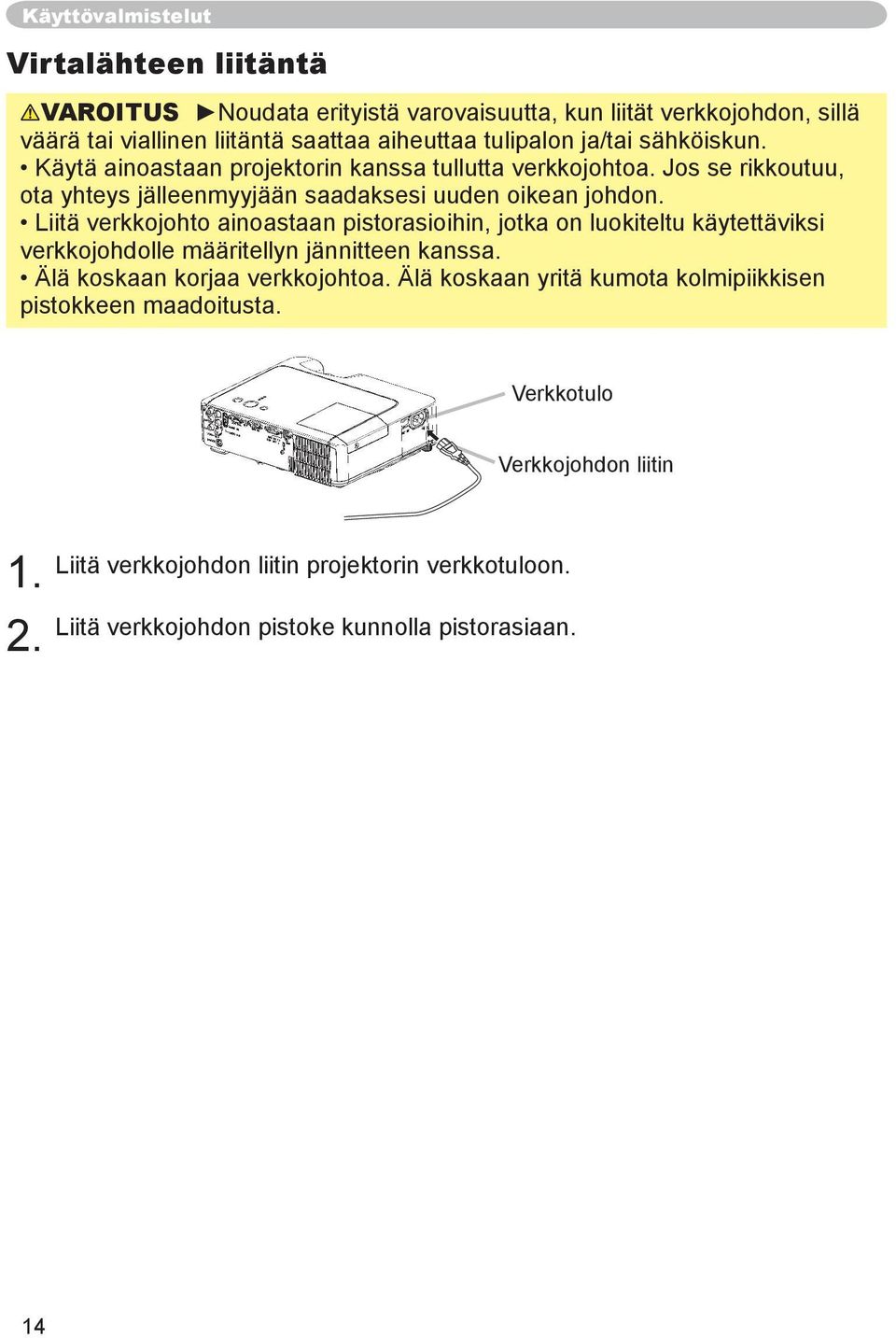 Liitä verkkojohto ainoastaan pistorasioihin, jotka on luokiteltu käytettäviksi verkkojohdolle määritellyn jännitteen kanssa. Älä koskaan korjaa verkkojohtoa.