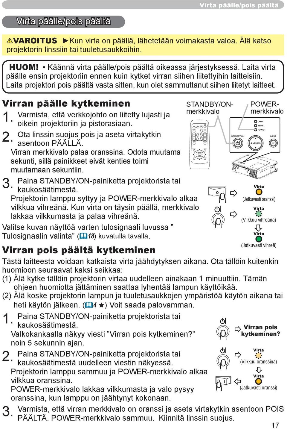 Laita virta päälle ensin projektoriin ennen kuin kytket virran siihen liitettyihin laitteisiin. Laita projektori pois päältä vasta sitten, kun olet sammuttanut siihen liitetyt laitteet.