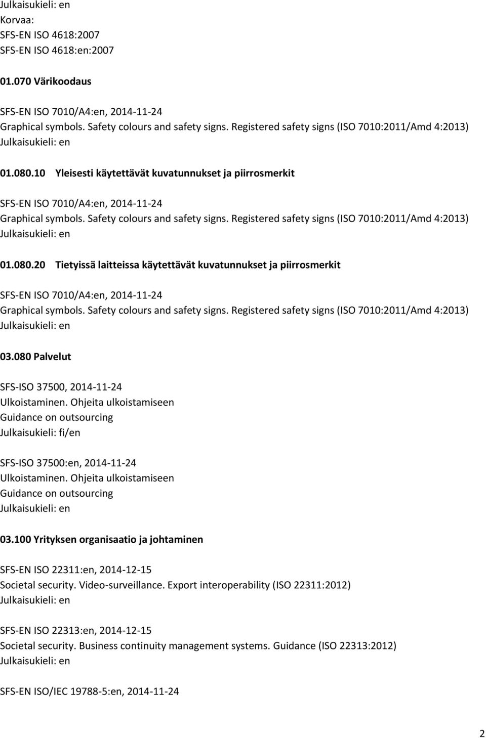 Registered safety signs (ISO 7010:2011/Amd 4:2013) 01.080.20 Tietyissä laitteissa käytettävät kuvatunnukset ja piirrosmerkit SFS-EN ISO 7010/A4:en, 2014-11-24 Graphical symbols.