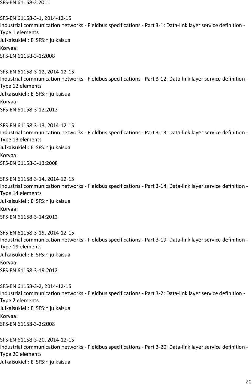 2014-12-15 Industrial communication networks - Fieldbus specifications - Part 3-13: Data-link layer service definition - Type 13 elements SFS-EN 61158-3-13:2008 SFS-EN 61158-3-14, 2014-12-15