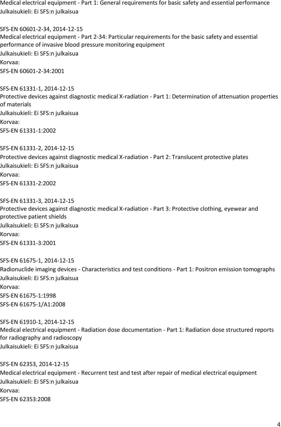 X-radiation - Part 1: Determination of attenuation properties of materials SFS-EN 61331-1:2002 SFS-EN 61331-2, 2014-12-15 Protective devices against diagnostic medical X-radiation - Part 2: