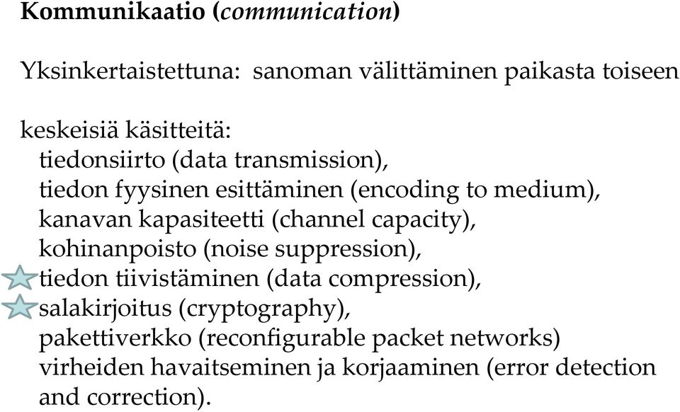 capacity), kohinanpoisto (noise suppression), tiedon tiivistäminen (data compression), salakirjoitus