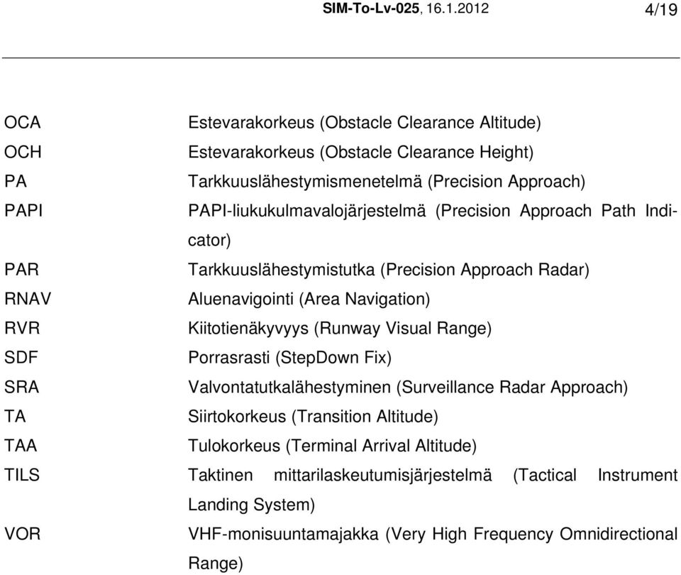 PAPI-liukukulmavalojärjestelmä (Precision Approach Path Indicator) PAR Tarkkuuslähestymistutka (Precision Approach Radar) RNAV Aluenavigointi (Area Navigation) RVR