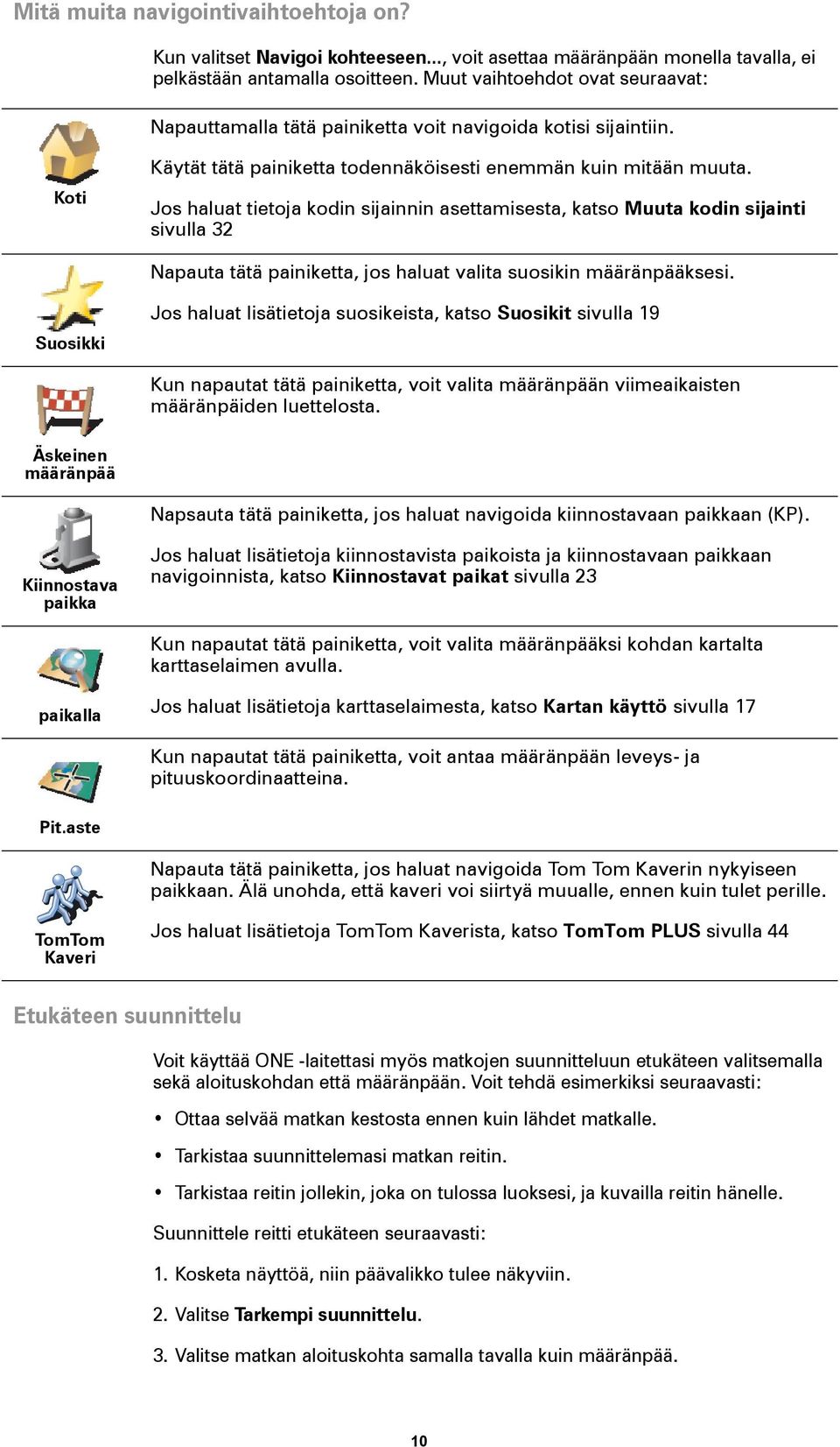 Jos haluat tietoja kodin sijainnin asettamisesta, katso Muuta kodin sijainti sivulla 32 Napauta tätä painiketta, jos haluat valita suosikin määränpääksesi.