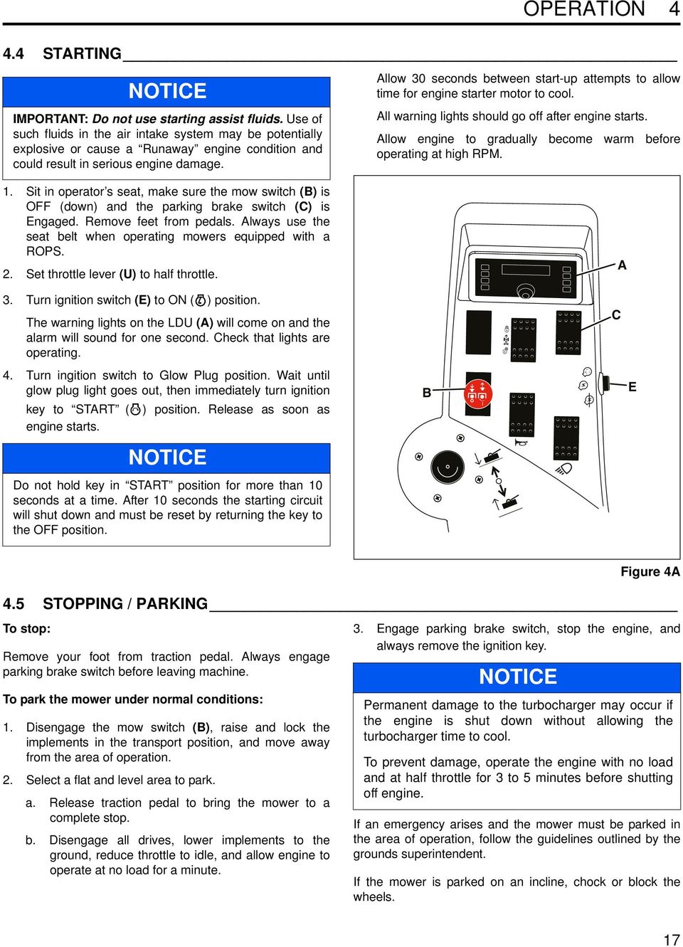 Allow 30 seconds between start-up attempts to allow time for engine starter motor to cool. All warning lights should go off after engine starts.