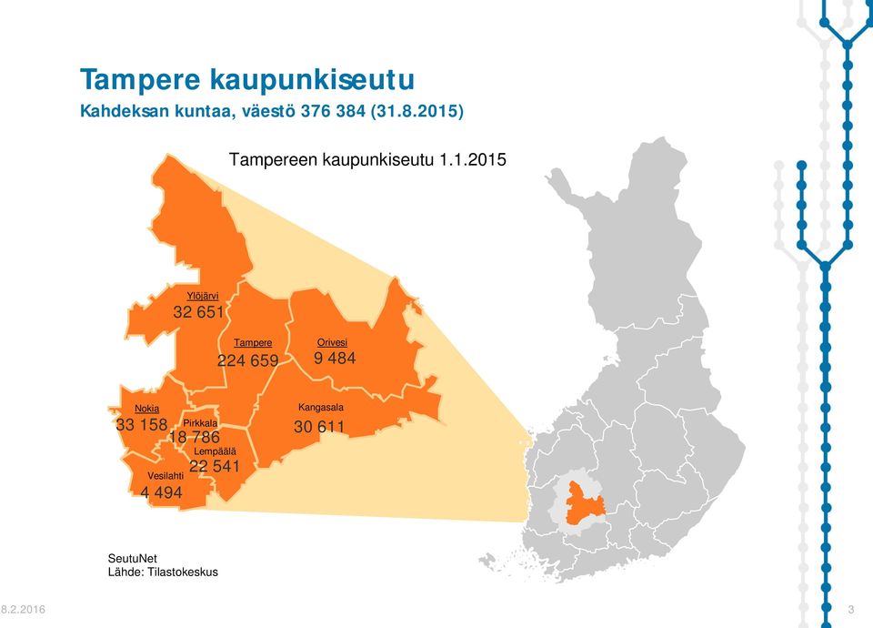 Tampere 224 659 Orivesi 9 484 Nokia 33 158 Pirkkala 18 786