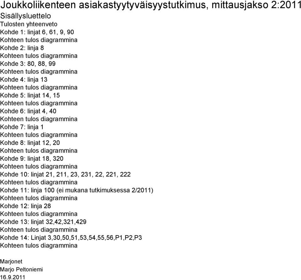 Kohde 7: linja 1 Kohteen tulos diagrammina Kohde 8: linjat 12, 20 Kohteen tulos diagrammina Kohde 9: linjat 18, 320 Kohteen tulos diagrammina Kohde 10: linjat 21, 211, 23, 231, 22, 221, 222 Kohteen