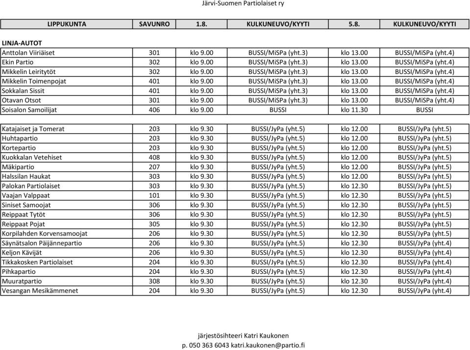 00 BUSSI/MiSPa (yht.3) klo 13.00 BUSSI/MiSPa (yht.4) Soisalon Samoilijat 406 klo 9.00 BUSSI klo 11.30 BUSSI Katajaiset ja Tomerat 203 klo 9.30 BUSSI/JyPa (yht.5) klo 12.00 BUSSI/JyPa (yht.