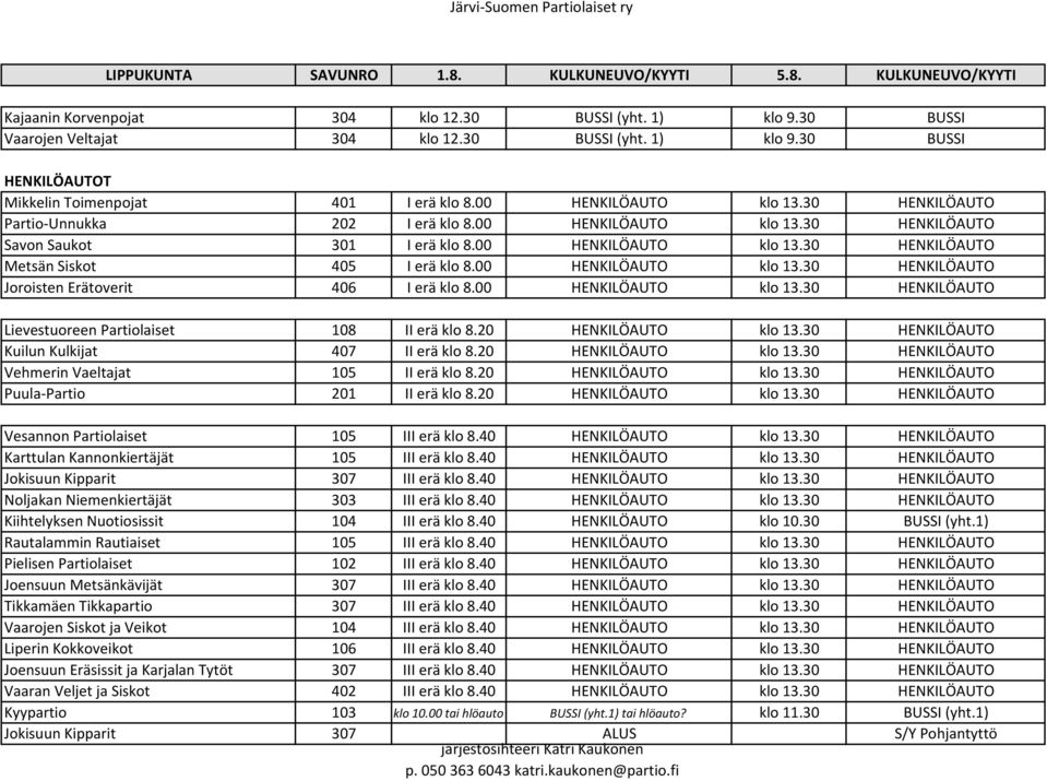 00 HENKILÖAUTO klo 13.30 HENKILÖAUTO Joroisten Erätoverit 406 I erä klo 8.00 HENKILÖAUTO klo 13.30 HENKILÖAUTO Lievestuoreen Partiolaiset 108 II erä klo 8.20 HENKILÖAUTO klo 13.