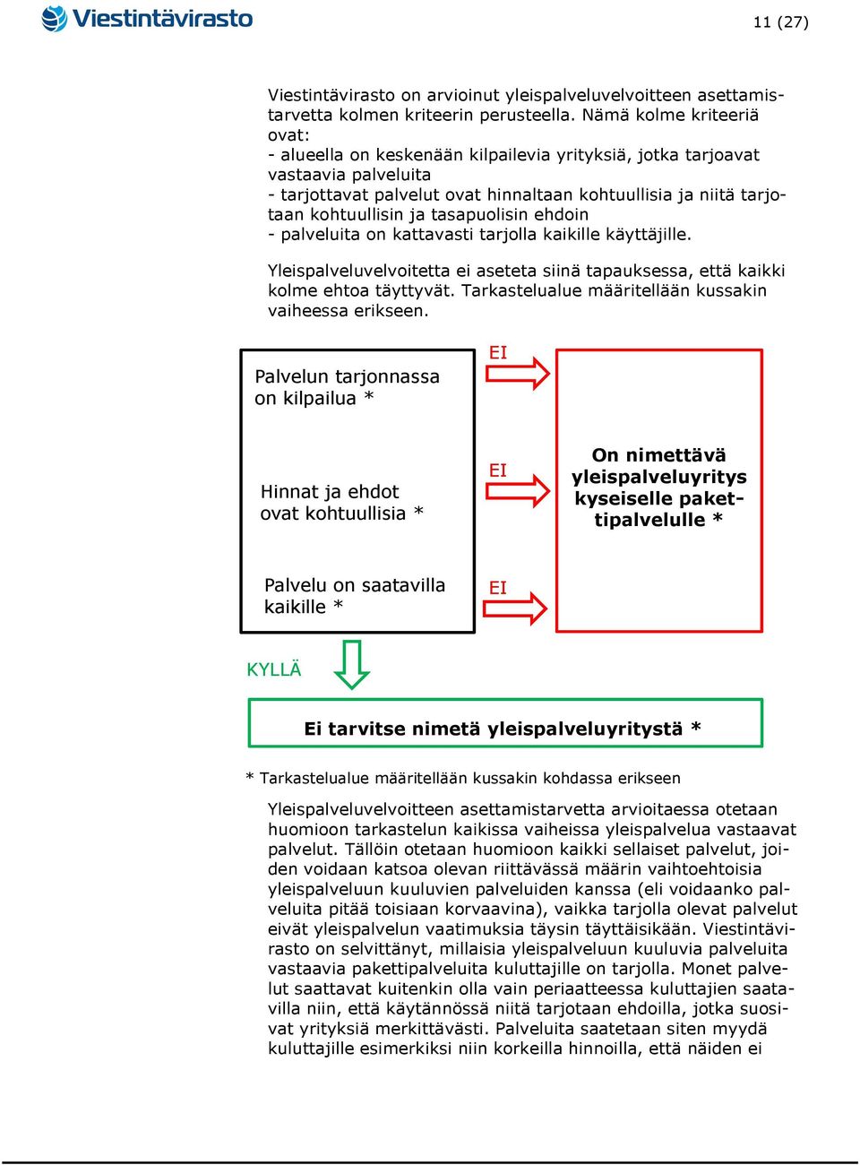 tasapuolisin ehdoin - palveluita on kattavasti tarjolla kaikille käyttäjille. Yleispalveluvelvoitetta ei aseteta siinä tapauksessa, että kaikki kolme ehtoa täyttyvät.