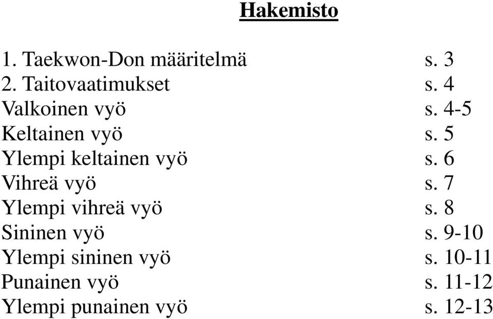 6 Vihreä vyö s. 7 Ylempi vihreä vyö s. 8 Sininen vyö s.