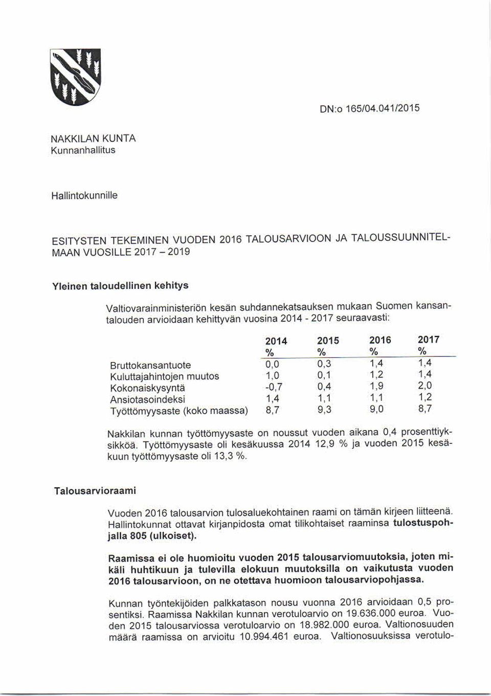 Valtiovarainministeriön kesän suhdannekatsauksen mukaan Suomen kansantalouden arvioidaan kehittyvän vuosina 2014-2017 seuraavasti: 2014 2015 2016 2017 Bruttokans antuote 0.