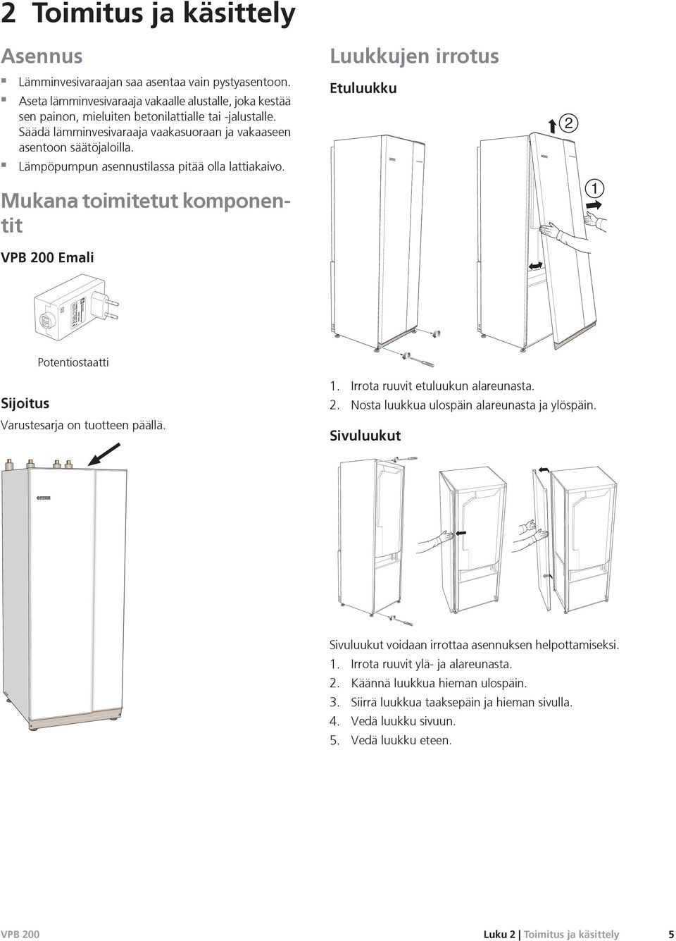Etuluukku 2 Lämpöpumpun asennustilassa pitää olla lattiakaivo. Mukana toimitetut komponentit 1 Emali LEK LEK Potentiostaatti Sijoitus Varustesarja on tuotteen päällä. 1. Irrota ruuvit etuluukun alareunasta.