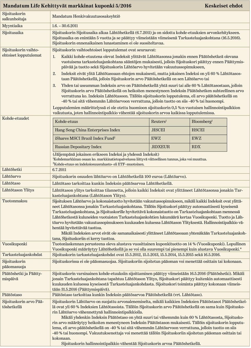 Sijoitusaika on enintään 5 vuotta ja se päättyy viimeistään viimeisenä Tarkasteluajankohtana (16.5.2016). ennenaikainen lunastaminen ei ole suositeltavaa.