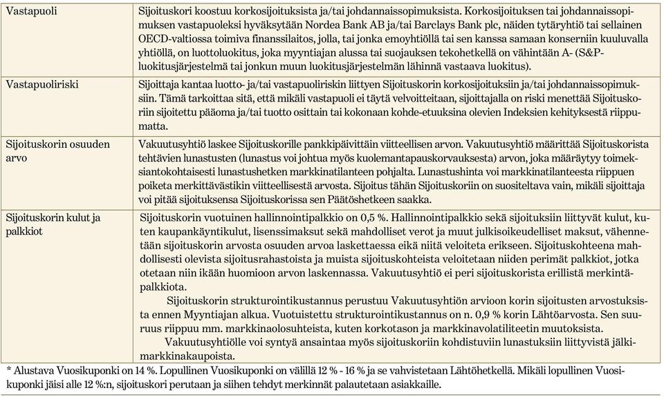emoyhtiöllä tai sen kanssa samaan konserniin kuuluvalla yhtiöllä, on luottoluokitus, joka myyntiajan alussa tai suojauksen tekohetkellä on vähintään A- (S&Pluokitusjärjestelmä tai jonkun muun