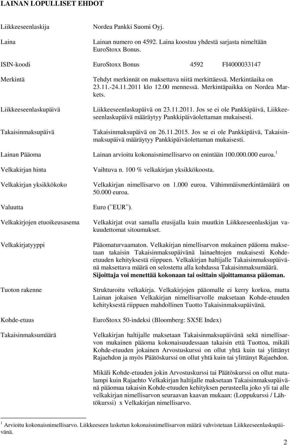 Merkintäpaikka on Nordea Markets. Liikkeeseenlaskupäivä on 23.11.2011. Jos se ei ole Pankkipäivä, Liikkeeseenlaskupäivä määräytyy Pankkipäiväolettaman mukaisesti. Takaisinmaksupäivä on 26.11.2015.