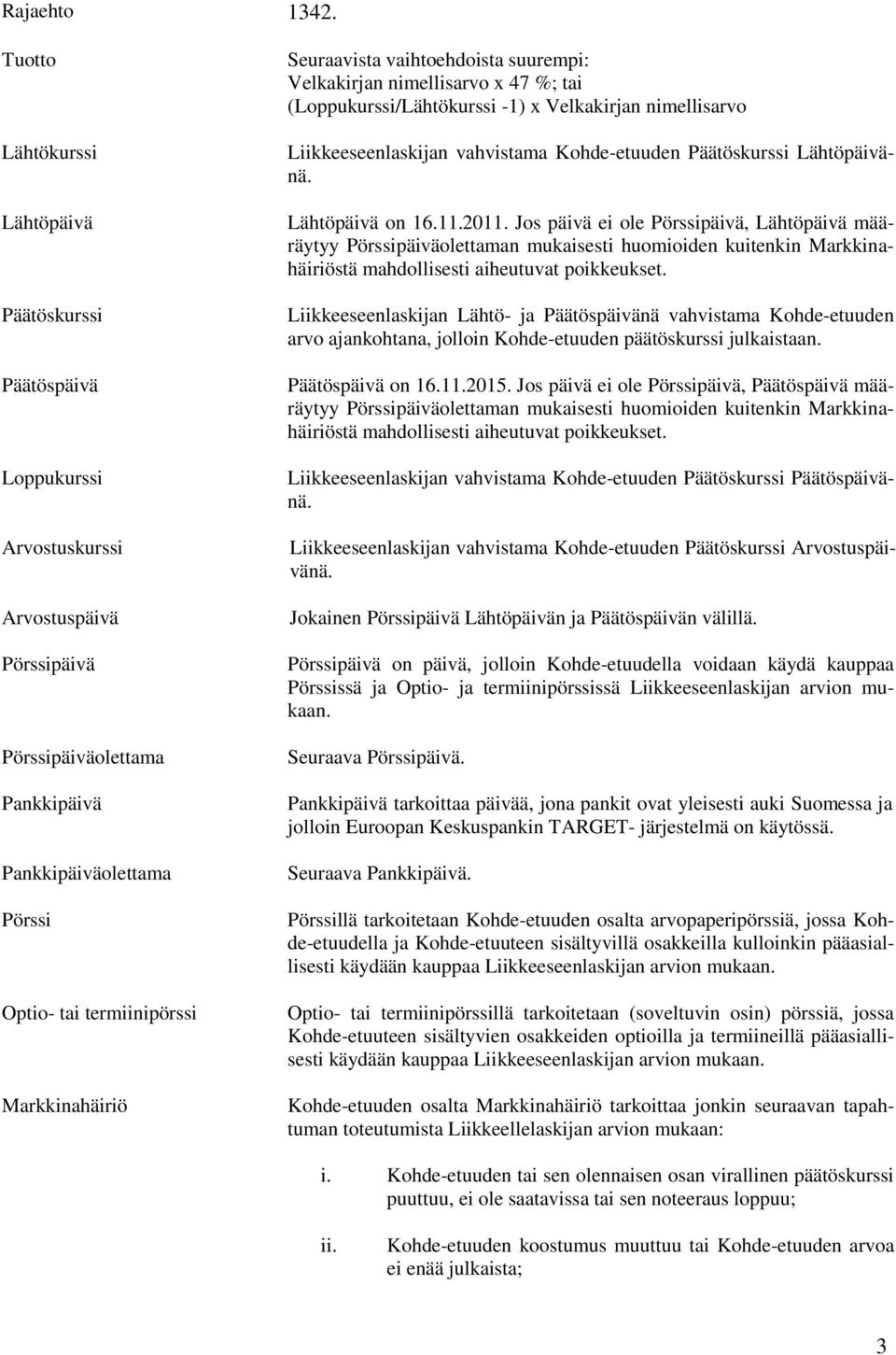 Markkinahäiriö Seuraavista vaihtoehdoista suurempi: Velkakirjan nimellisarvo x 47 %; tai (Loppukurssi/Lähtökurssi -1) x Velkakirjan nimellisarvo Liikkeeseenlaskijan vahvistama Kohde-etuuden