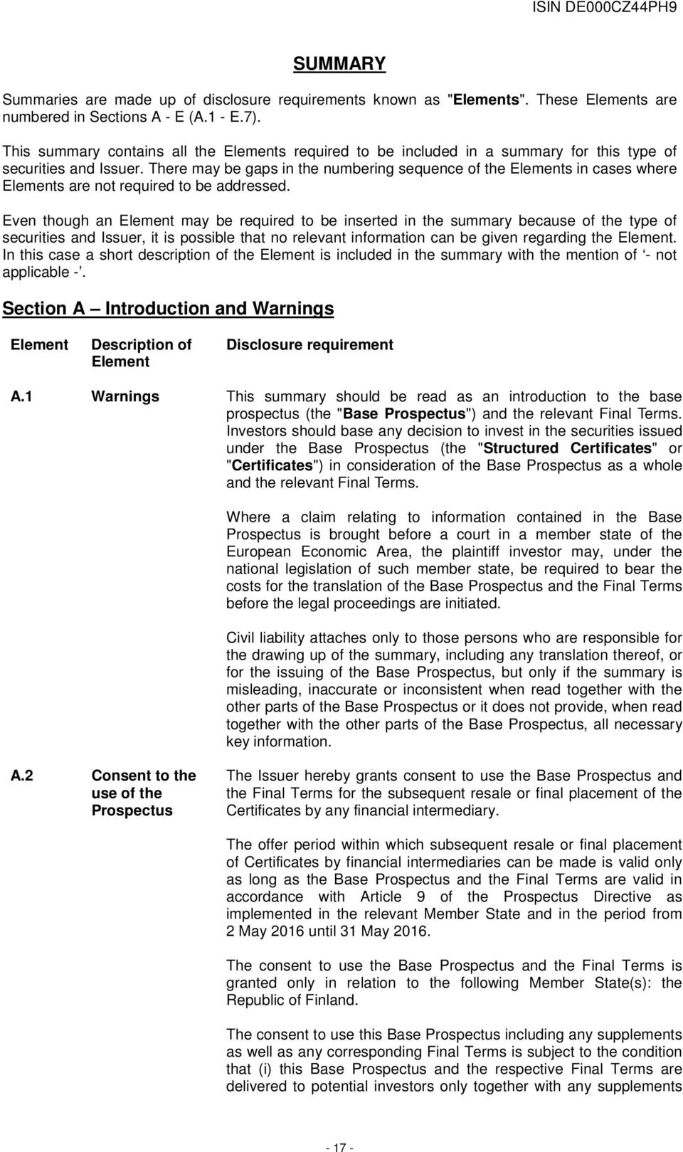 There may be gaps in the numbering sequence of the Elements in cases where Elements are not required to be addressed.