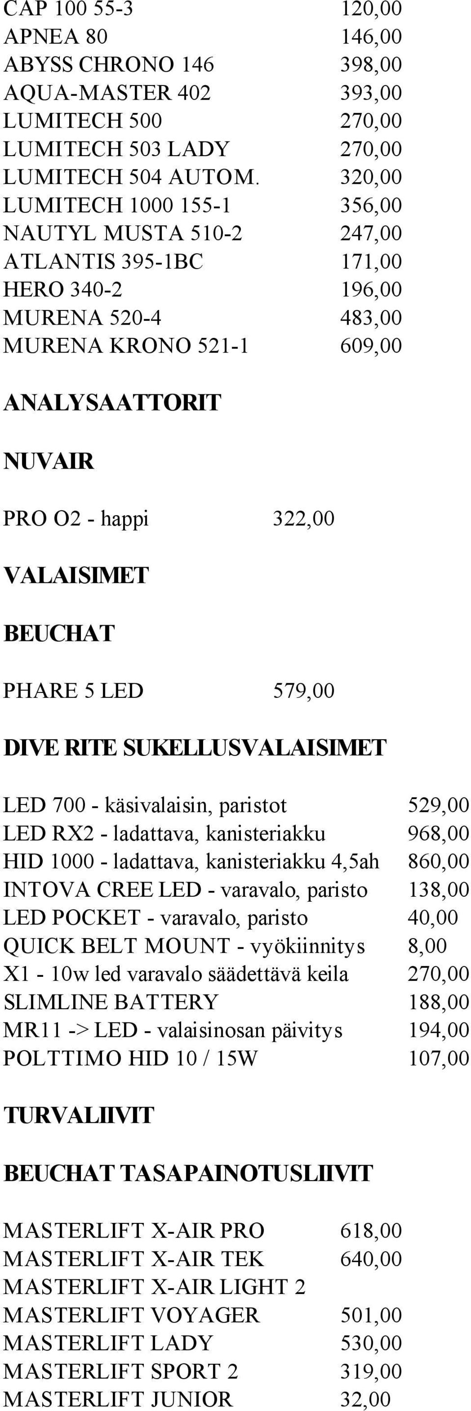 VALAISIMET PHARE 5 LED 579,00 DIVE RITE SUKELLUSVALAISIMET LED 700 - käsivalaisin, paristot 529,00 LED RX2 - ladattava, kanisteriakku 968,00 HID 1000 - ladattava, kanisteriakku 4,5ah 860,00 INTOVA