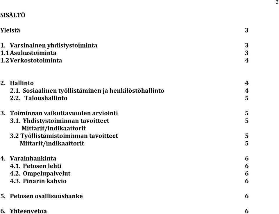 2 Työllistämistoiminnan tavoitteet 5 Mittarit/indikaattorit 5 4. Varainhankinta 6 4.1. Petosen lehti 6 4.2. Ompelupalvelut 6 4.