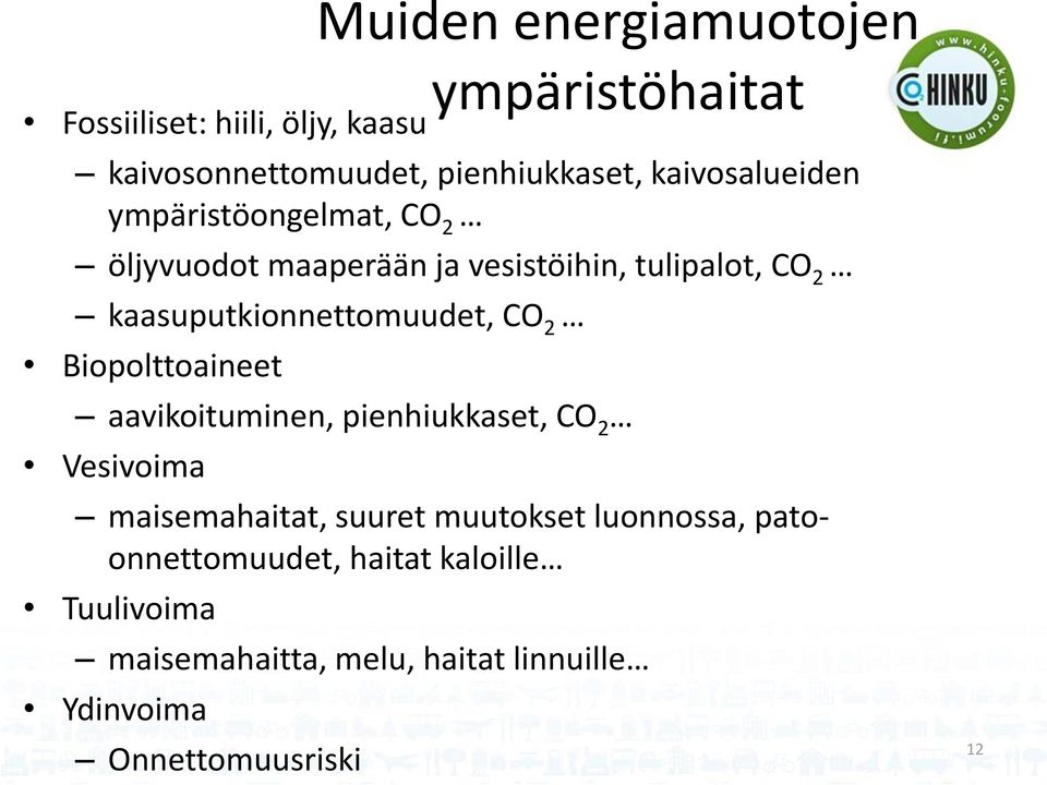 kaasuputkionnettomuudet, CO 2 Biopolttoaineet aavikoituminen, pienhiukkaset, CO 2 Vesivoima maisemahaitat,