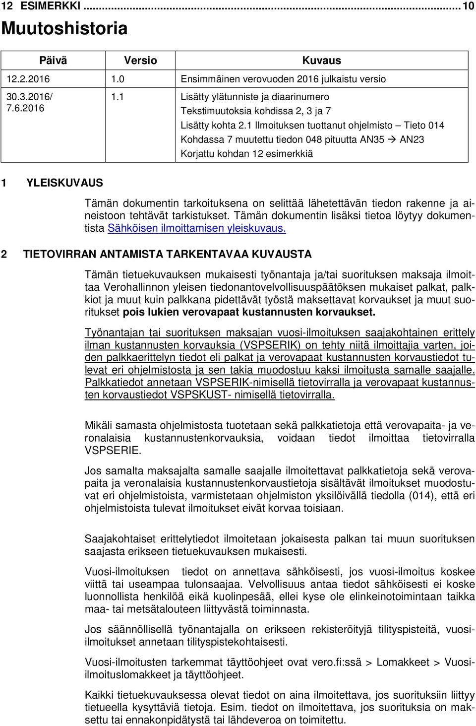 1 Ilmoituksen tuottanut ohjelmisto Tieto 014 Kohdassa 7 muutettu tiedon 048 pituutta AN35 AN23 Korjattu kohdan 12 esimerkkiä Tämän dokumentin tarkoituksena on selittää lähetettävän tiedon rakenne ja