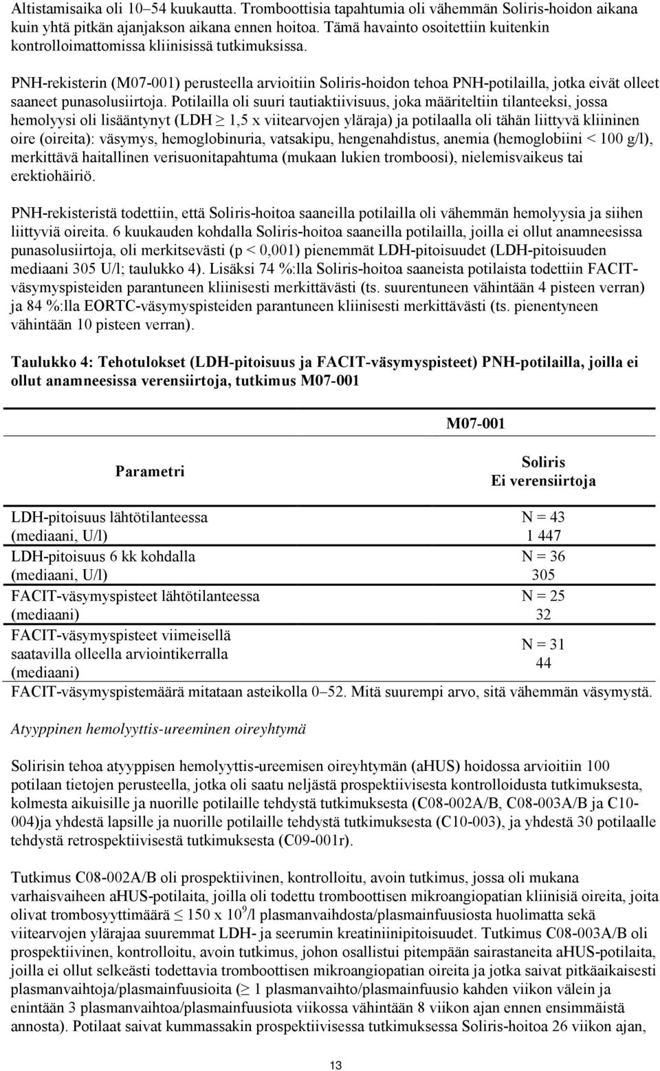 PNH-rekisterin (M07-001) perusteella arvioitiin Soliris-hoidon tehoa PNH-potilailla, jotka eivät olleet saaneet punasolusiirtoja.