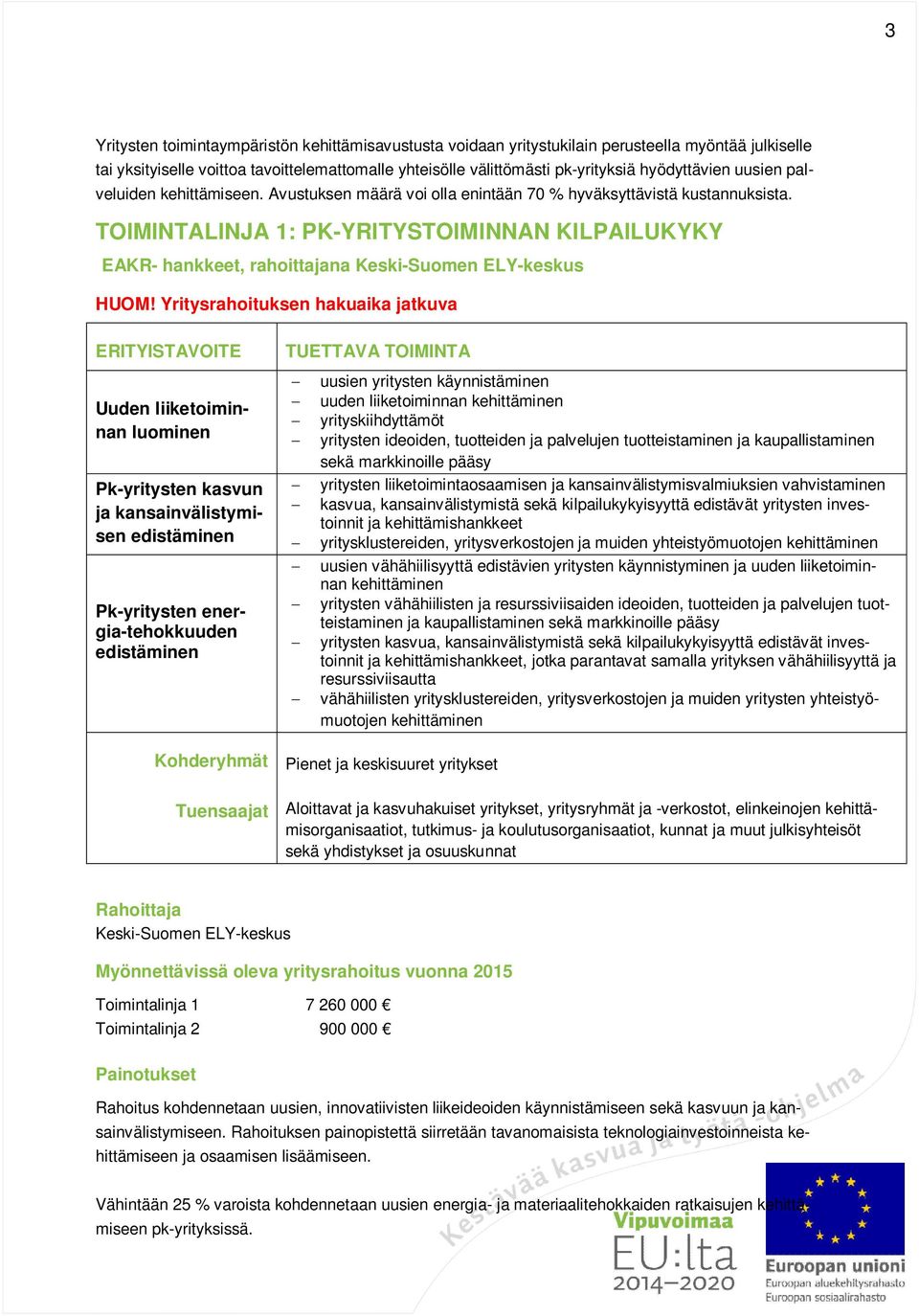 TOIMINTALINJA 1: PK-YRITYSTOIMINNAN KILPAILUKYKY EAKR- hankkeet, rahoittajana Keski-Suomen ELY-keskus HUOM!