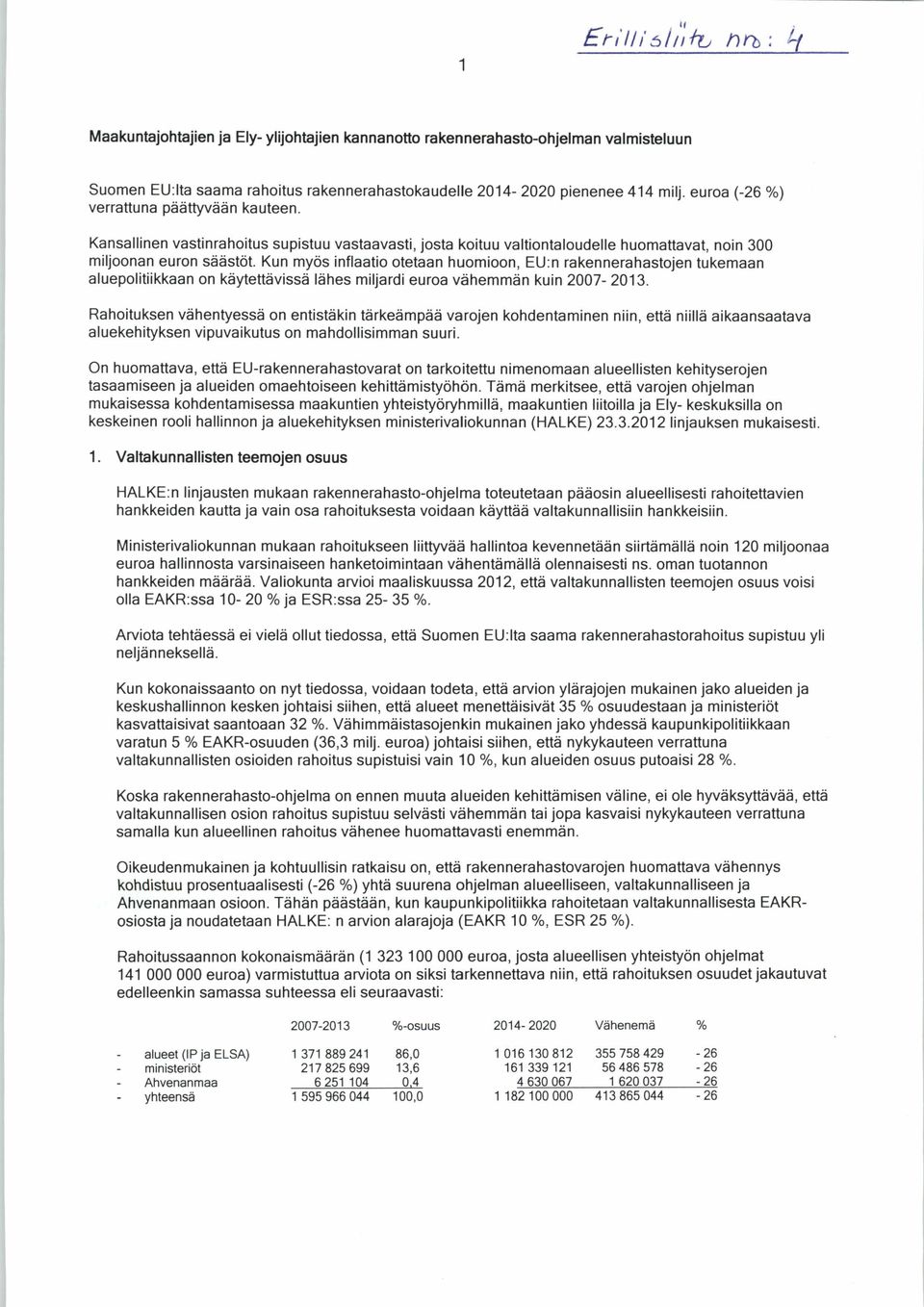 Kun myös inflaatio otetaan huomioon, EU:n rakennerahastojen tukemaan aluepolitiikkaan on käytettävissä lähes miljardi euroa vähemmän kuin 2007-2013.