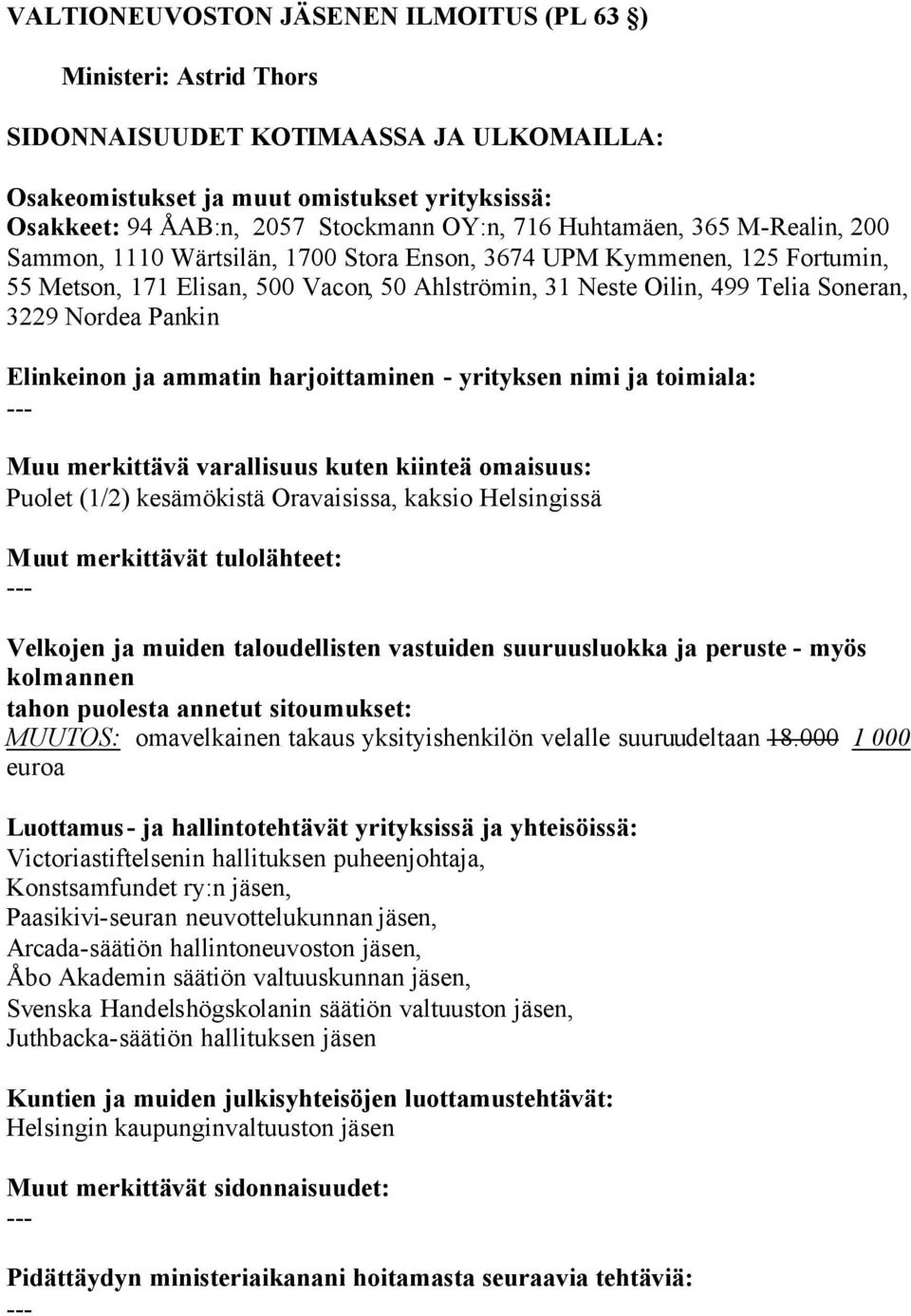 MUUTOS: omavelkainen takaus yksityishenkilön velalle suuruudeltaan 18.