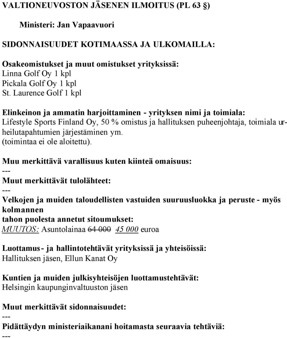 Finland Oy, 50 % omistus ja hallituksen puheenjohtaja, toimiala urheilutapahtumien järjestäminen ym.