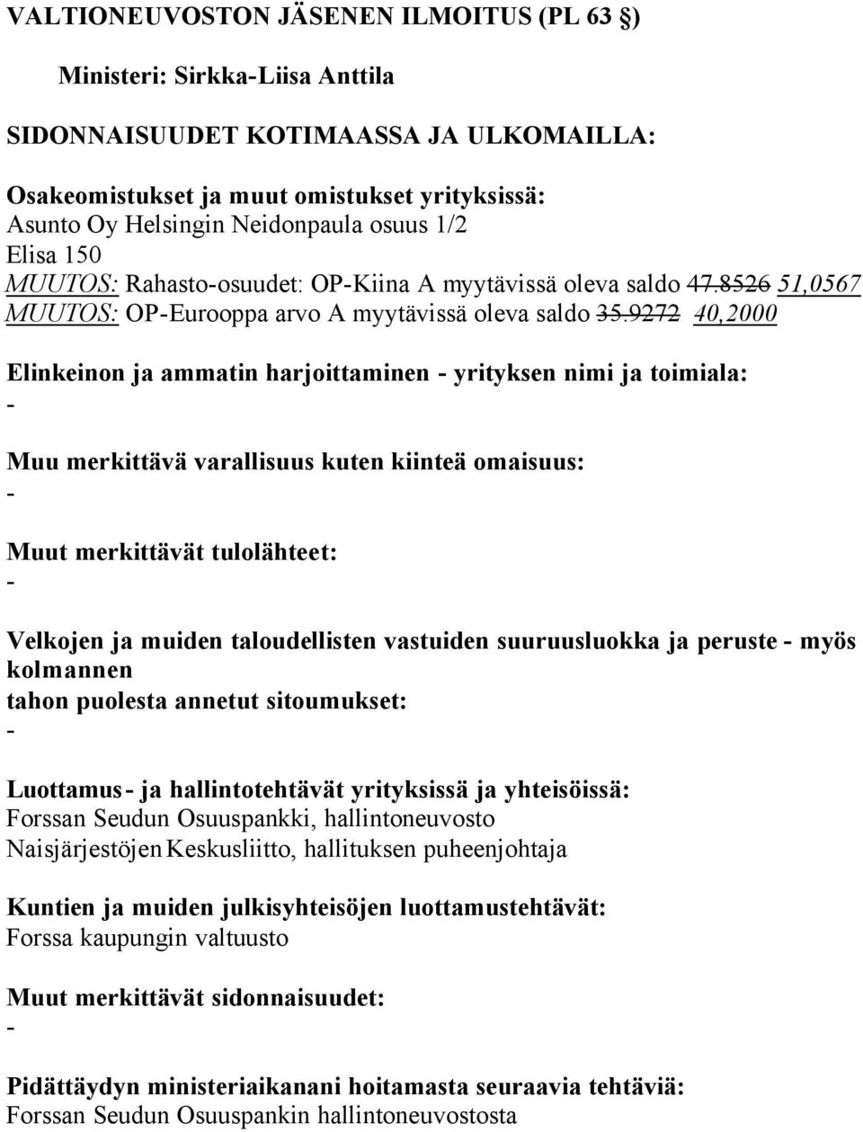 9272 40,2000 Elinkeinon ja ammatin harjoittaminen yrityksen nimi ja toimiala: Forssan Seudun Osuuspankki,