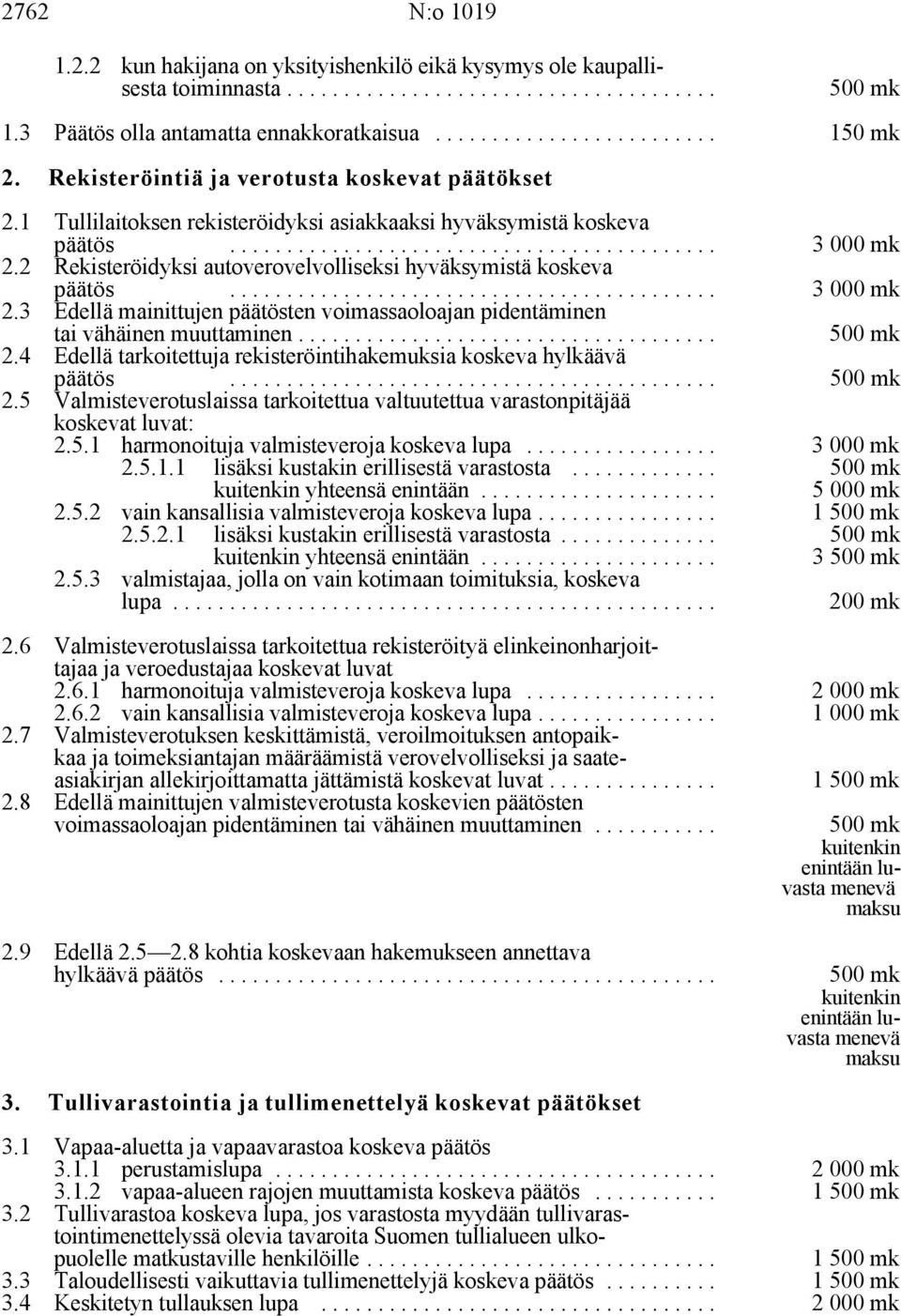 2 Rekisteröidyksi autoverovelvolliseksi hyväksymistä koskeva päätös... 3 000 mk 2.3 Edellä mainittujen päätösten voimassaoloajan pidentäminen tai vähäinen muuttaminen... 500 mk 2.