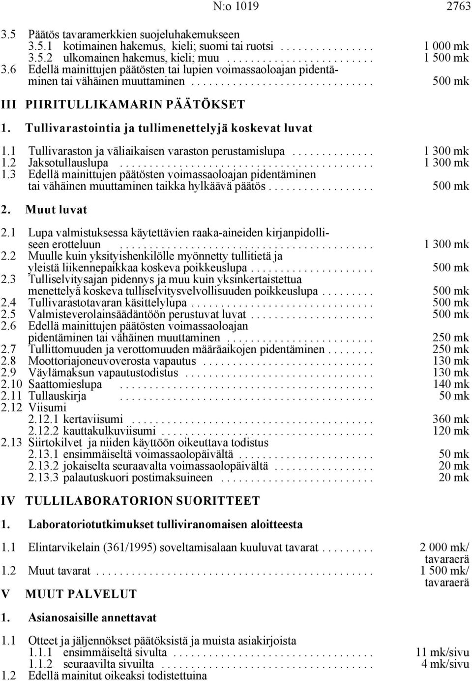 1 Tullivaraston ja väliaikaisen varaston perustamislupa... 1 300 mk 1.2 Jaksotullauslupa... 1 300 mk 1.3 Edellä mainittujen päätösten voimassaoloajan pidentäminen tai vähäinen muuttaminen taikka hylkäävä päätös.