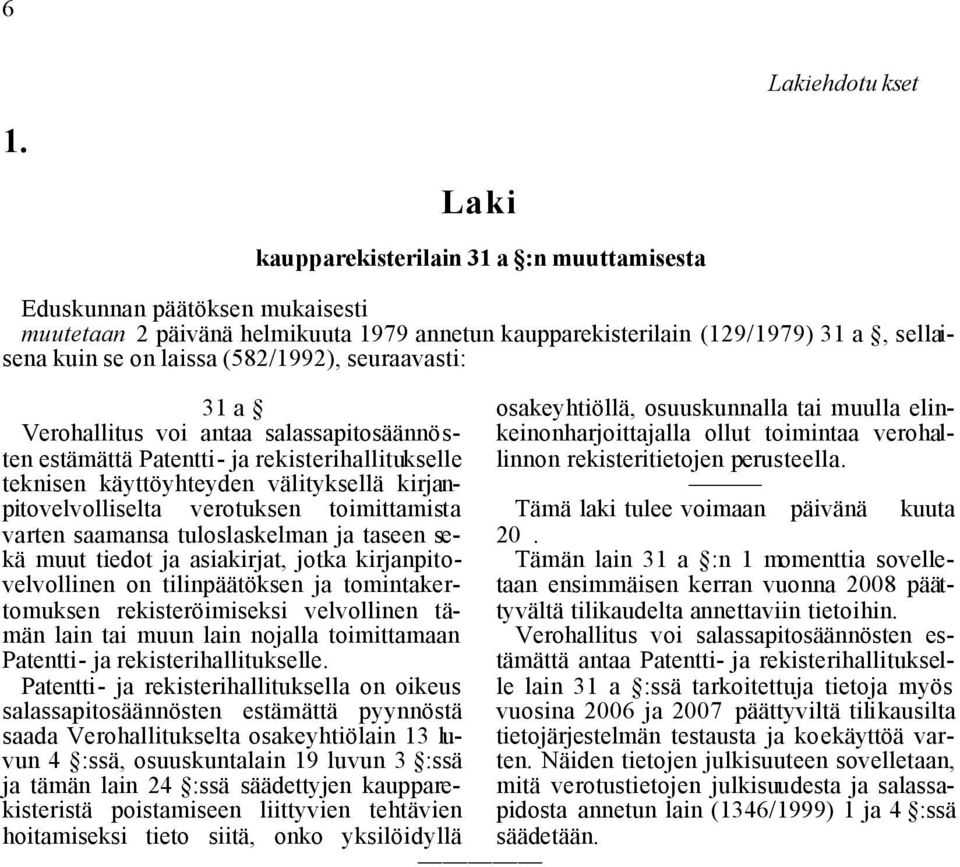 (582/1992), seuraavasti: 31 a Verohallitus voi antaa salassapitosäännösten estämättä Patentti- ja rekisterihallitukselle teknisen käyttöyhteyden välityksellä kirjanpitovelvolliselta verotuksen