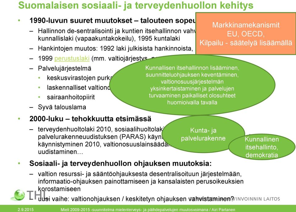 valtiojärjestys, perusoikeudet, hallinto) Palvelujärjestelmä keskusvirastojen purkaminen laskennalliset valtionosuudet sairaanhoitopiirit Syvä talouslama 2000-luku tehokkuutta etsimässä Kunnallisen